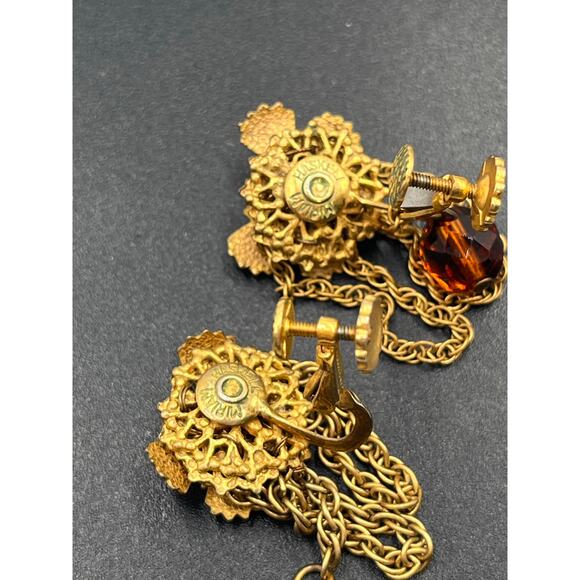 Miriam Haskell Vintage Signed Amber Crystal Floral Screw Back Chain Drop Earring - Picture 6 of 9